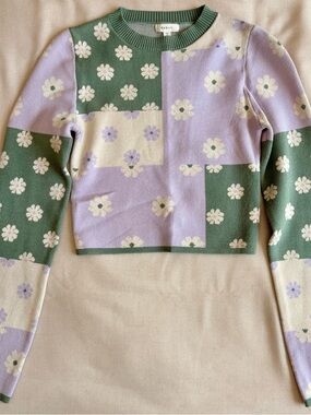 debut Green & Lavender Floral Patchwork Crop Sweater